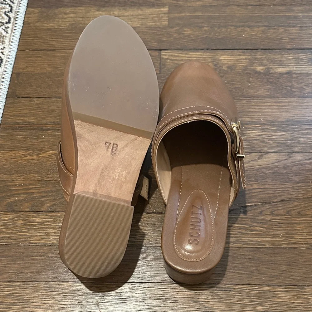 SCHUTZ Tan-Brown Leather Mule Slides with Gold Buckle Size 7 - Picture 4 of 5